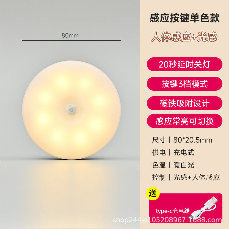 Cross-border new Type-C charging port round human body induction light intelligent magnetic remote control charging night light wholesale