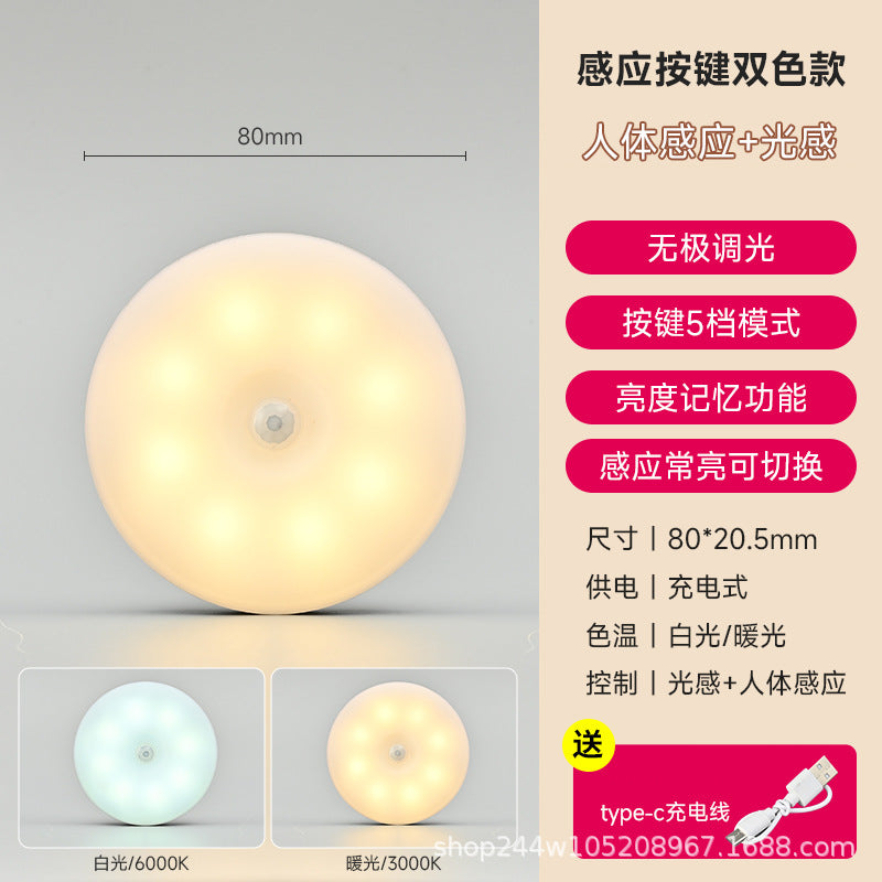 Cross-border new Type-C charging port round human body induction light intelligent magnetic remote control charging night light wholesale