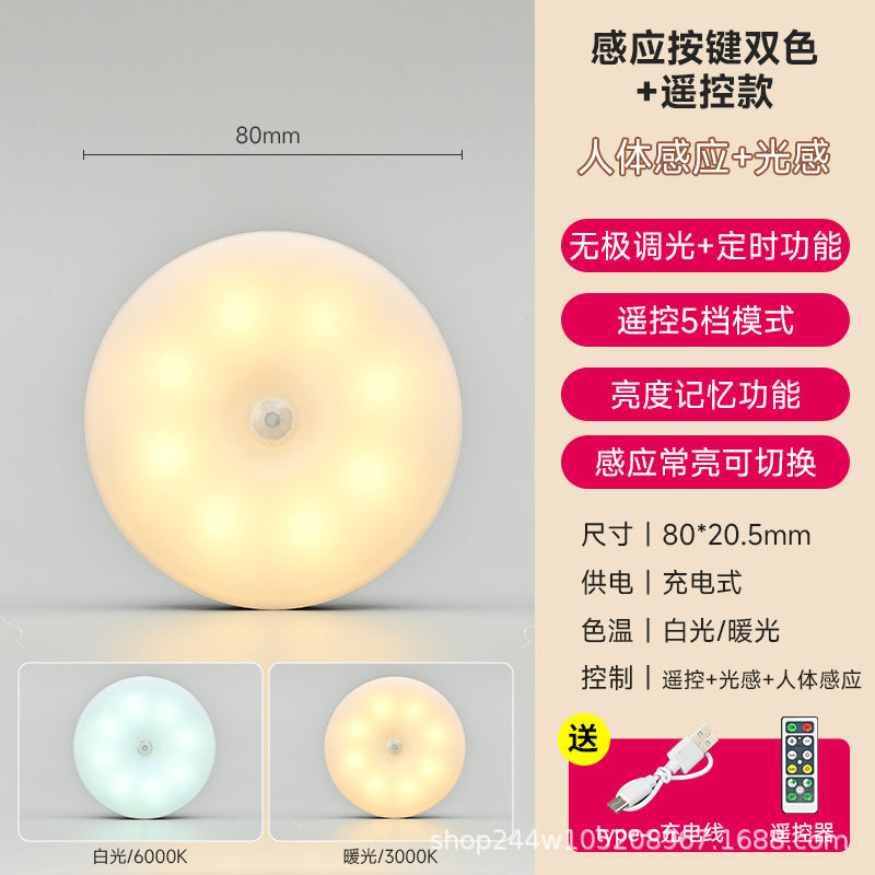 Cross-border new Type-C charging port round human body induction light intelligent magnetic remote control charging night light wholesale
