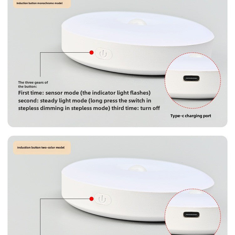 Cross-border new Type-C charging port round human body induction light intelligent magnetic remote control charging night light wholesale