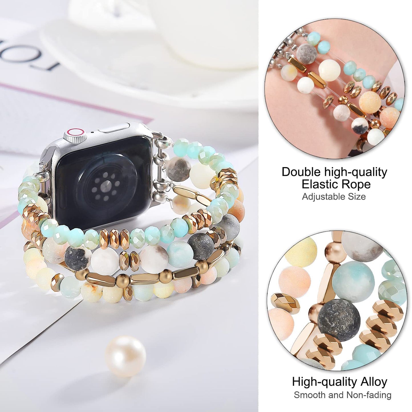 For Apple Watch 87654 Bohemian Natural Stone Beaded iWatch Pearl Strap